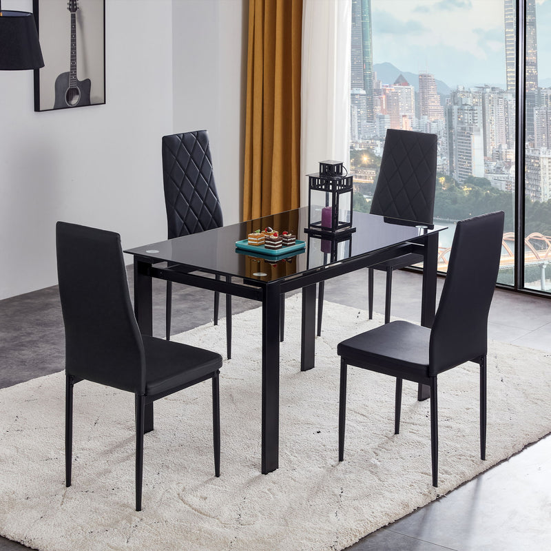 Modern 5 Piece Dining Table Set With Glass Top And Chairs - Black