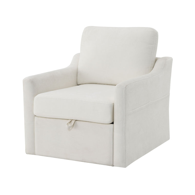White upholstered swivel accent armchair with padded arms and cushioned seat