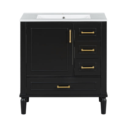 Dark gray bathroom vanity with integrated sink, two cabinet doors, three drawers, gold pulls