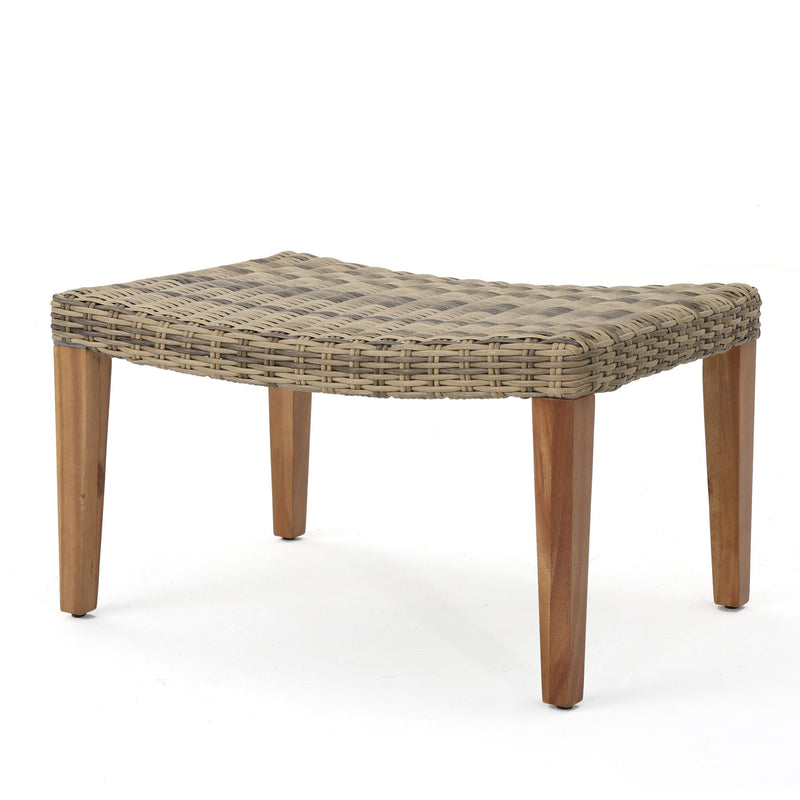 Gray rattan wicker ottoman with woven top and wooden legs