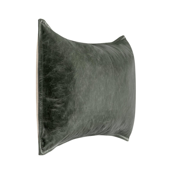Forest green leather pillow corner view with seam lines and stitched border