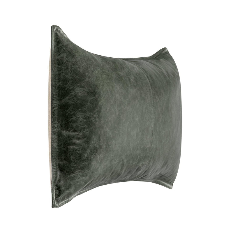 Forest green leather pillow corner view with seam lines and stitched border