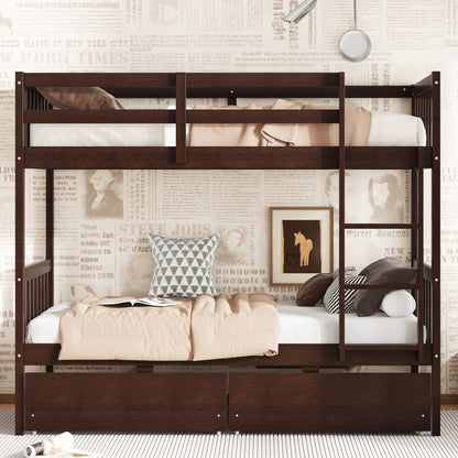 Twin Over Twin Rubber Wood Bunk Bed with 2 Drawers, Convertible into 2 Twin Beds, Twin Size Bunk Bed with Ladder and Safety Guardrails, Espresso