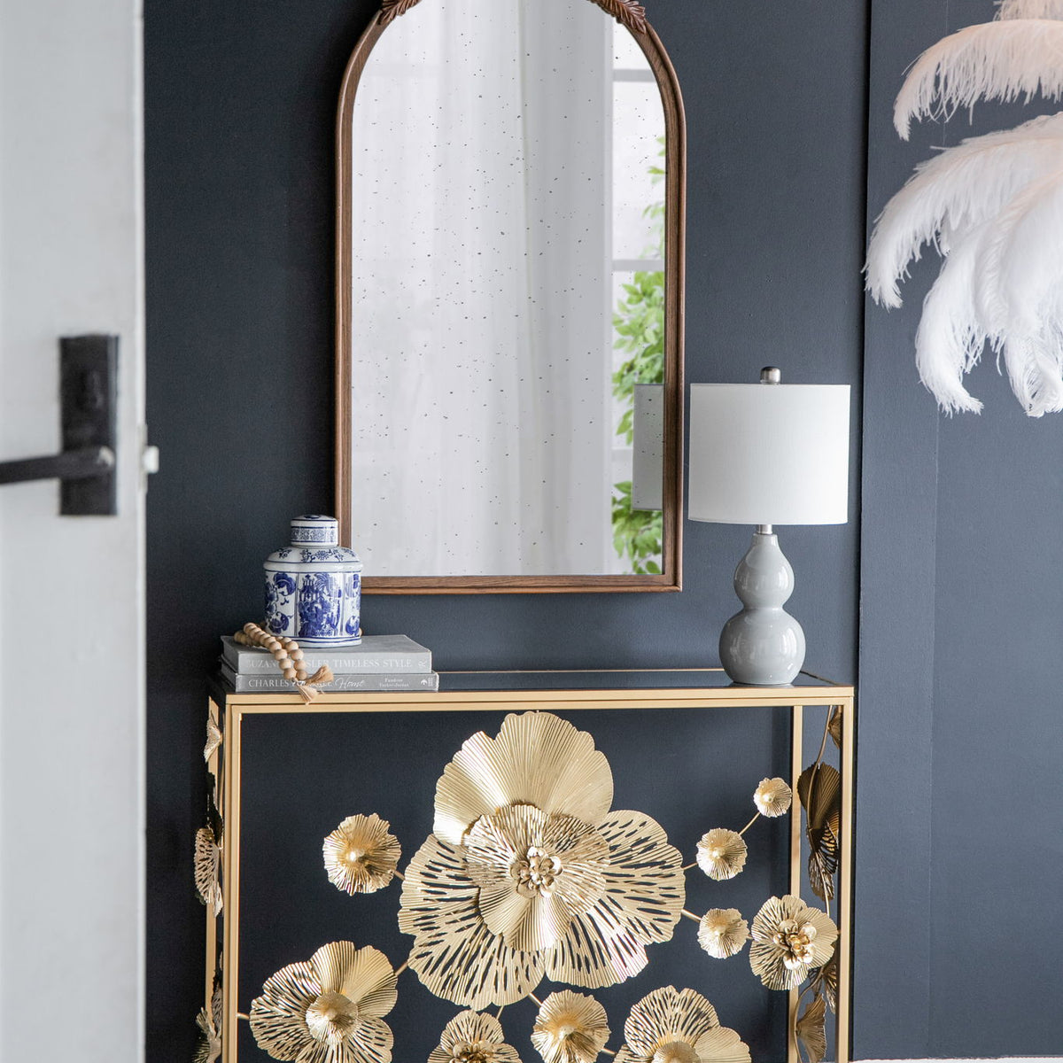 Hand Carved Rose Antique Mirror Frame, Wood Arch Mirror Wall Decor For Living Room