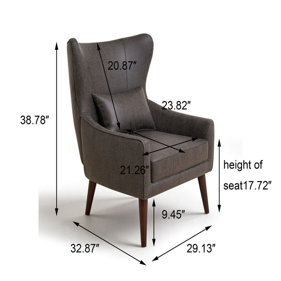 Curved-back lounge chair in dark fabric with size measurements overlay.