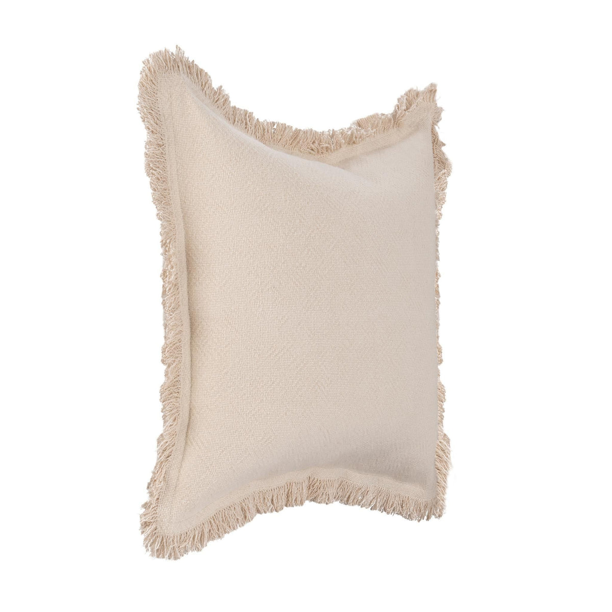 Ivory square accent pillow with textured fabric and fringed edges
