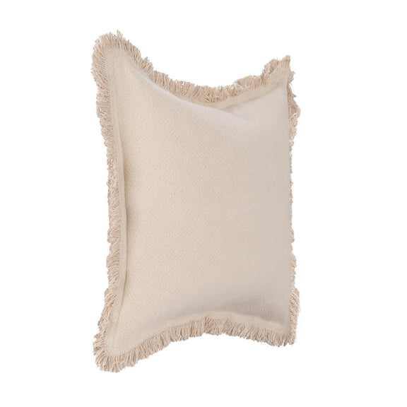 Ivory square accent pillow with textured fabric and fringed edges