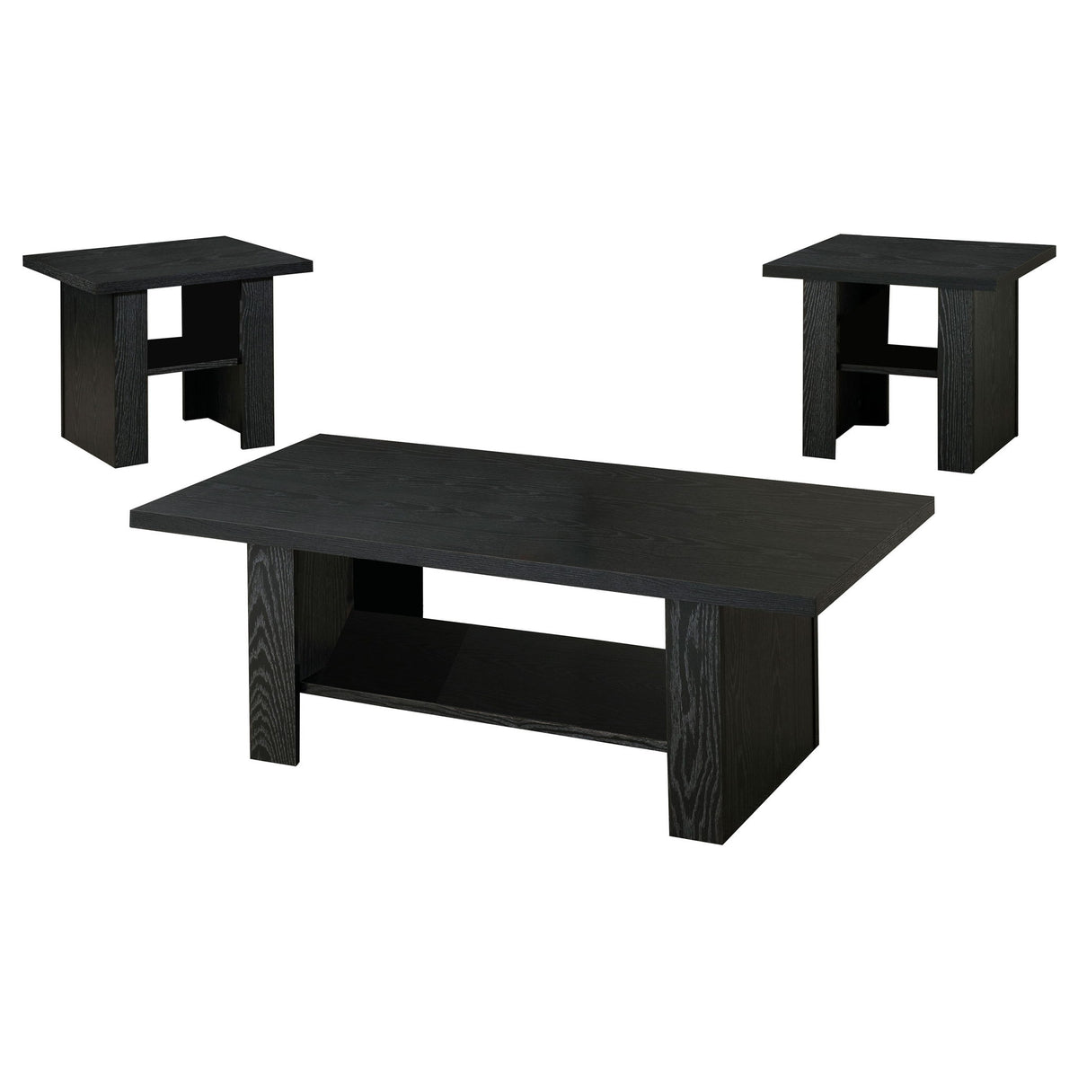 Black 3-piece coffee table set with lower shelf and two matching end tables