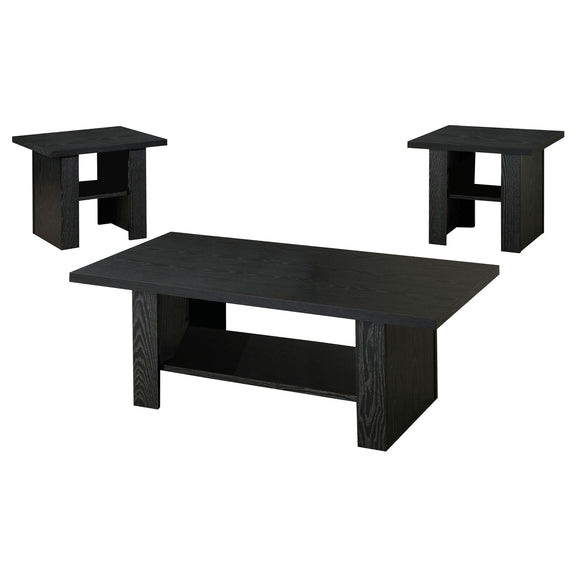 Black 3-piece coffee table set with lower shelf and two matching end tables
