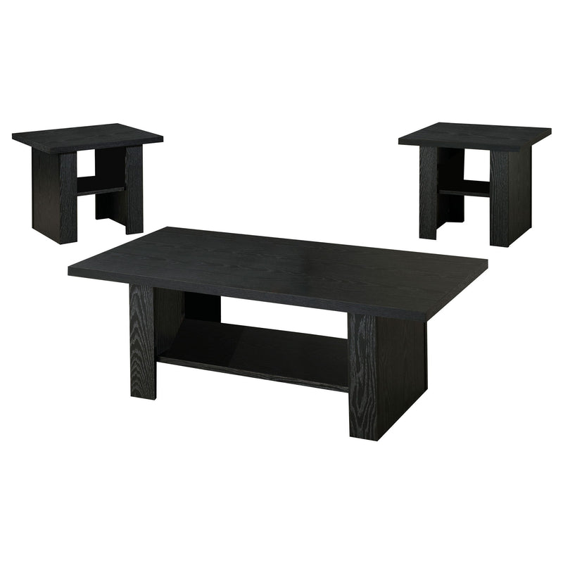 Black 3-piece coffee table set with lower shelf and two matching end tables