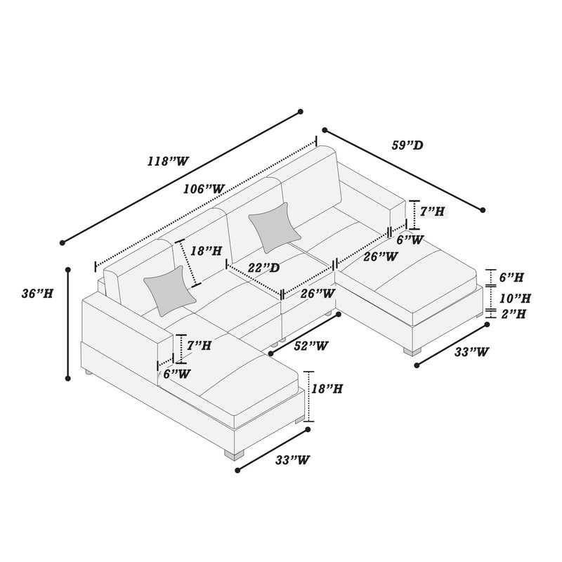 Sectional sofa layout diagram with labeled dimensions and arm/seat positions