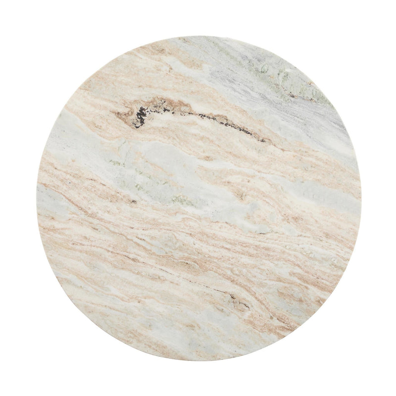 Round marble tabletop, light cream with gray and beige swirling veining