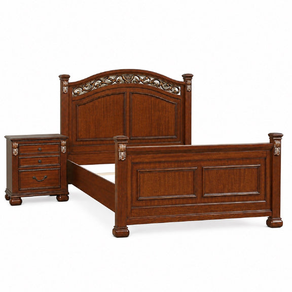 Dark brown traditional bed frame with matching nightstand, paneled headboard and footboard