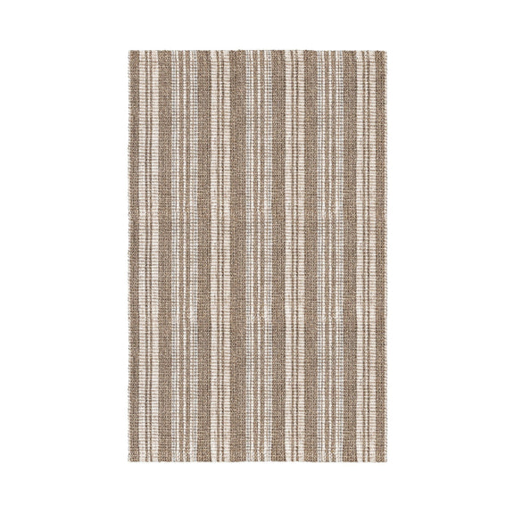 Ivory and tan vertical striped area rug, evenly spaced stripe pattern.