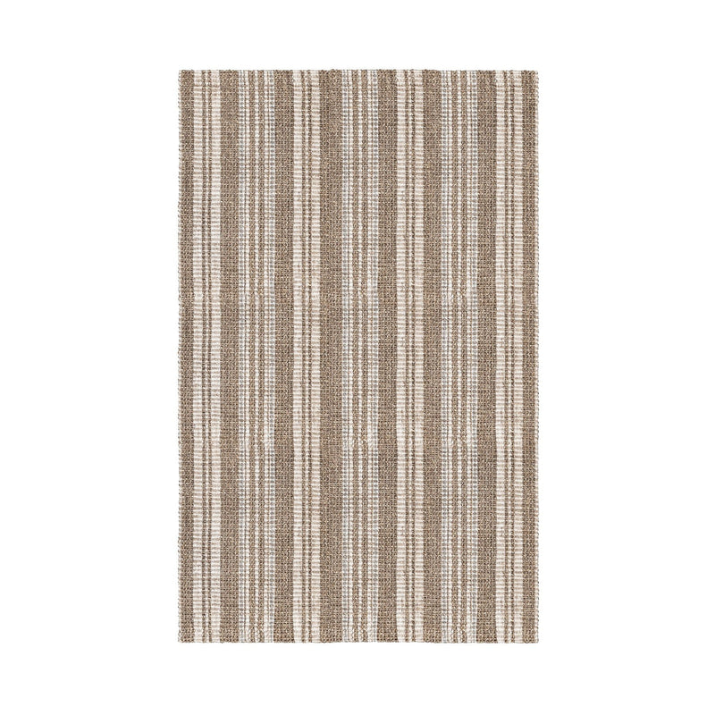Ivory and tan vertical striped area rug, evenly spaced stripe pattern.