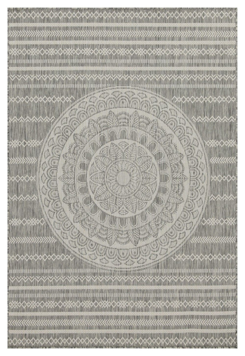 Indoor/outdoor area rug with medium gray central medallion, repeating motifs, and striped border