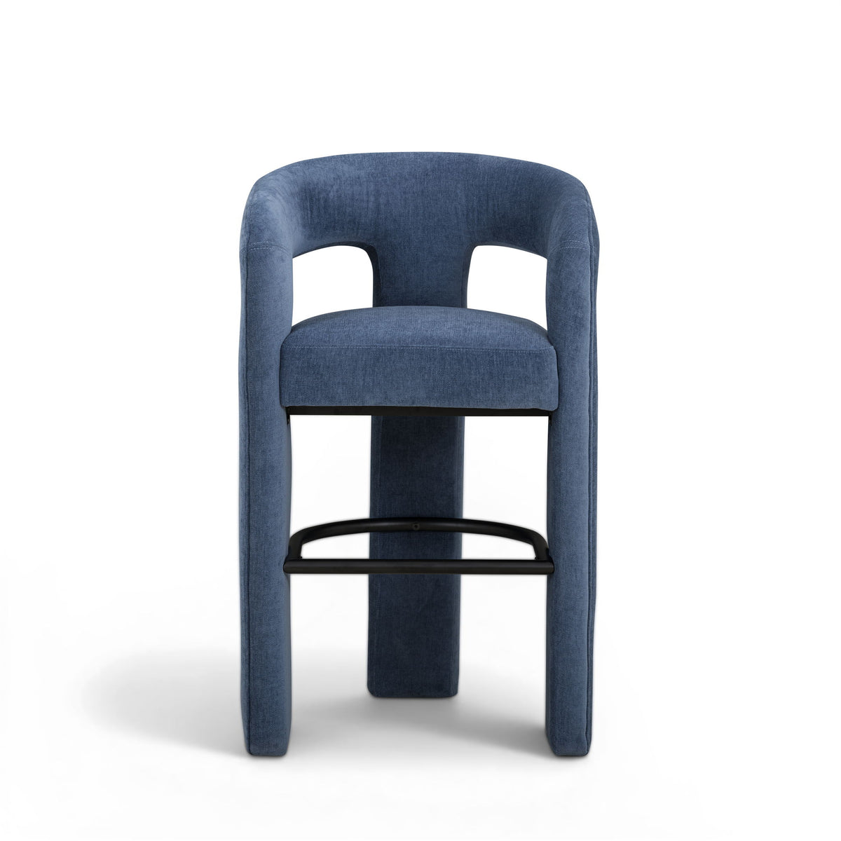 Blue upholstered stool front view with rounded backrest and black footrest