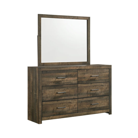 Dark brown dresser with mirror and six drawers, chrome bar pulls