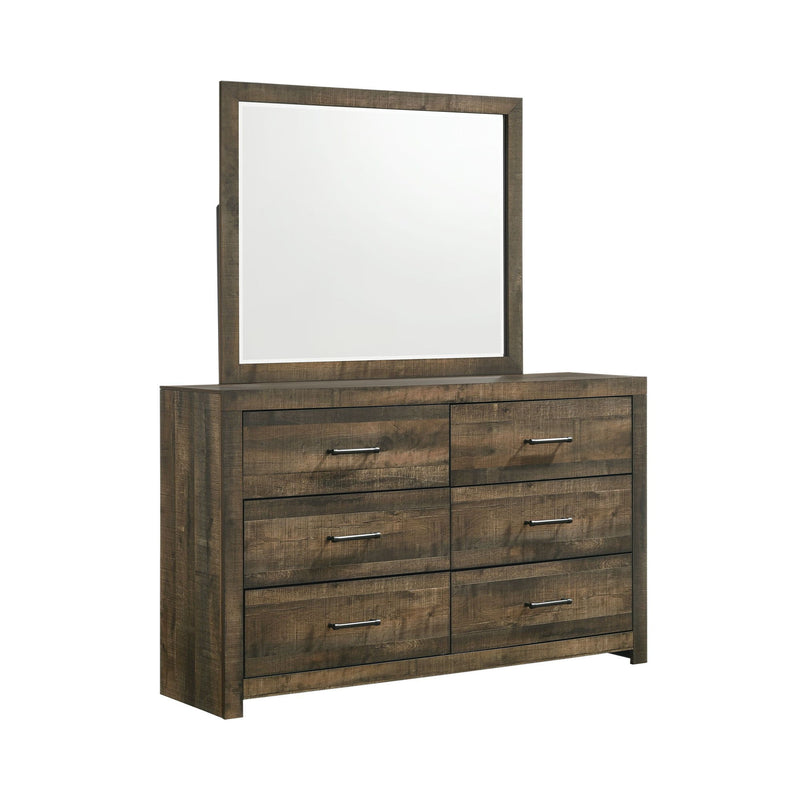 Dark brown dresser with mirror and six drawers, chrome bar pulls