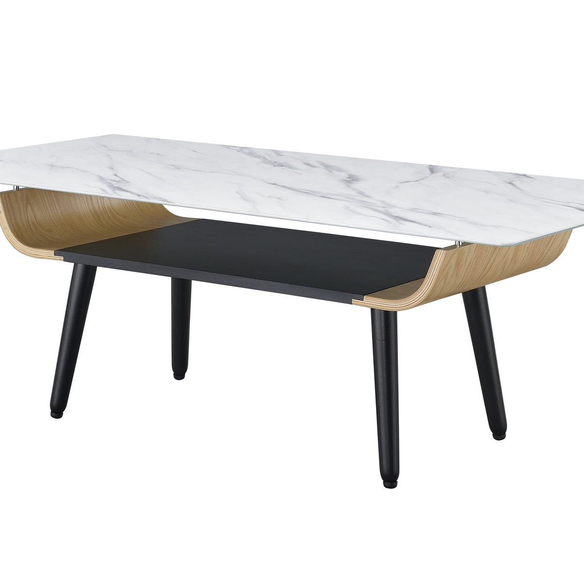 Landon - Coffee Table With Glass Marble Texture Top And Bent Wood Design