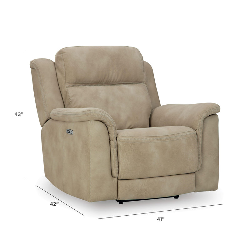 Beige upholstered power recliner chair with padded arms and built-in footrest.