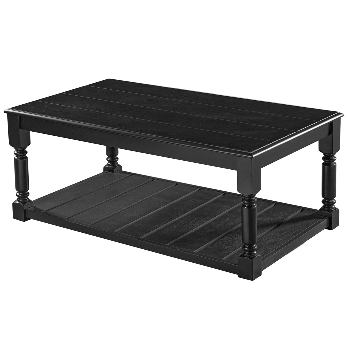 Dark coffee table with slatted lower shelf and turned legs