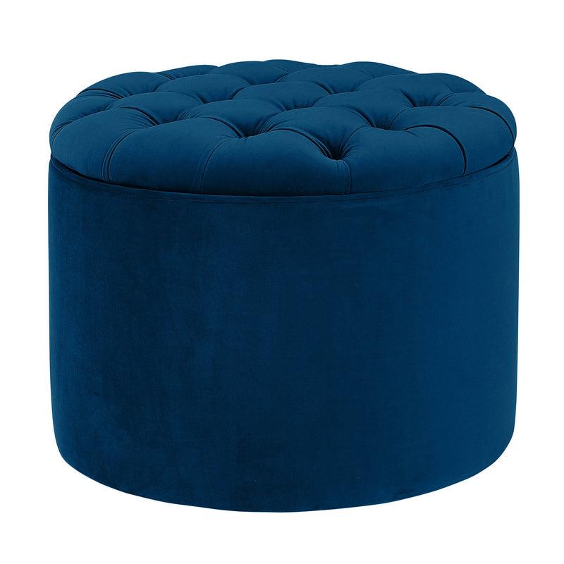 Blue velvet round storage ottoman with tufted top
