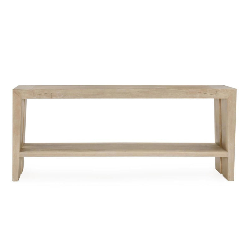 Beige wooden console table with open shelf and angled block feet