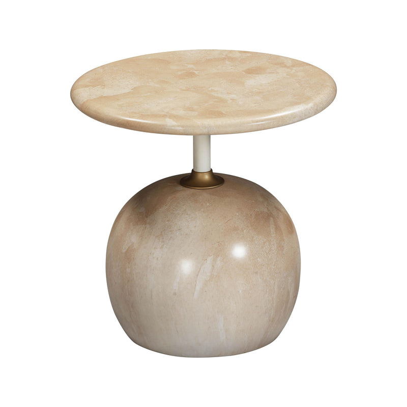 Faux marble round side table with beige top and spherical base, rose-gold stem