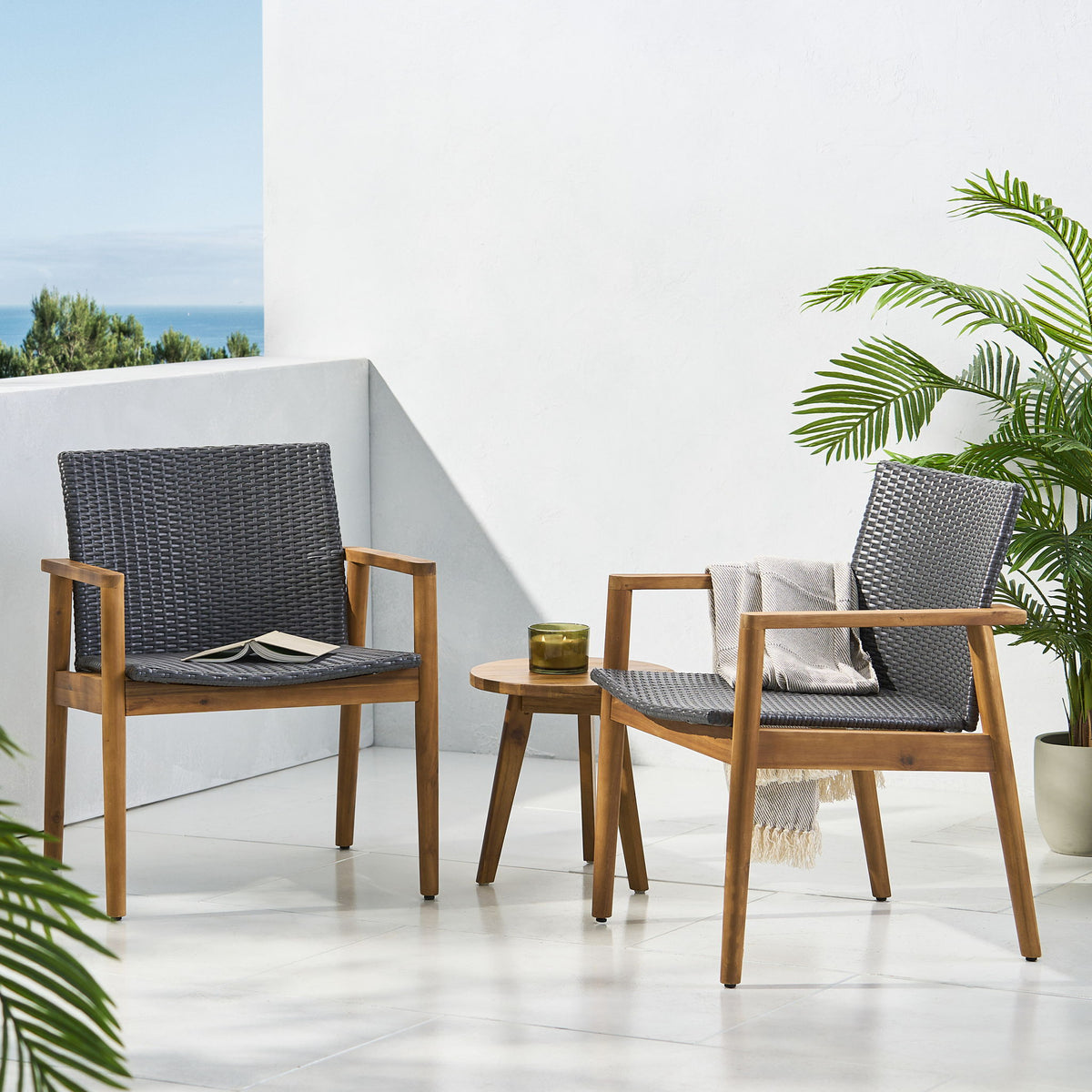 Tranquilize - Outdoor Wooden Club Chair With Woven Wicker Seat And Back (Set of 2) - Light Brown