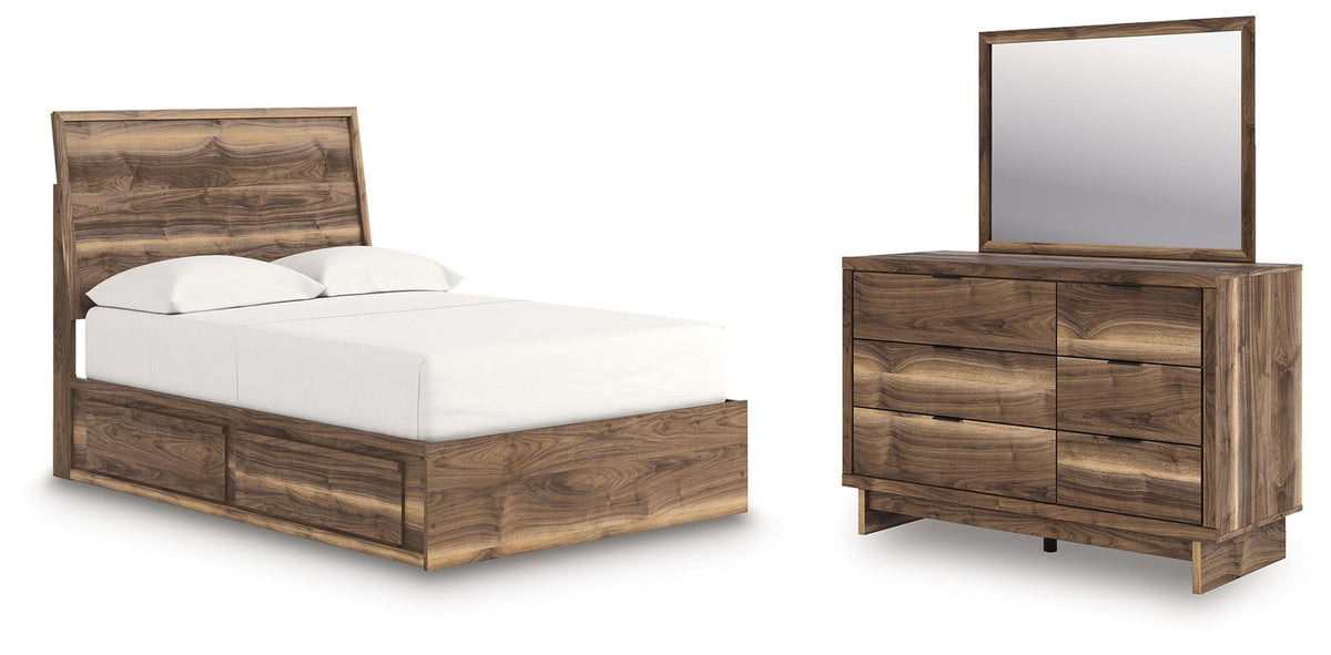 Brown wood storage bed with dresser and square mirror, full panel bedroom set