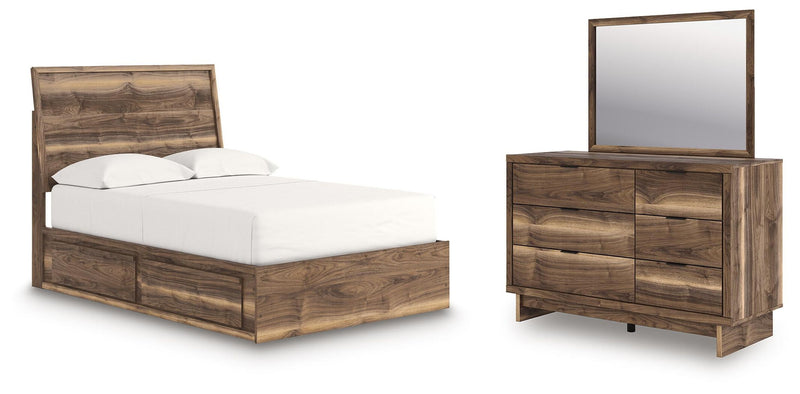 Brown wood storage bed with dresser and square mirror, full panel bedroom set
