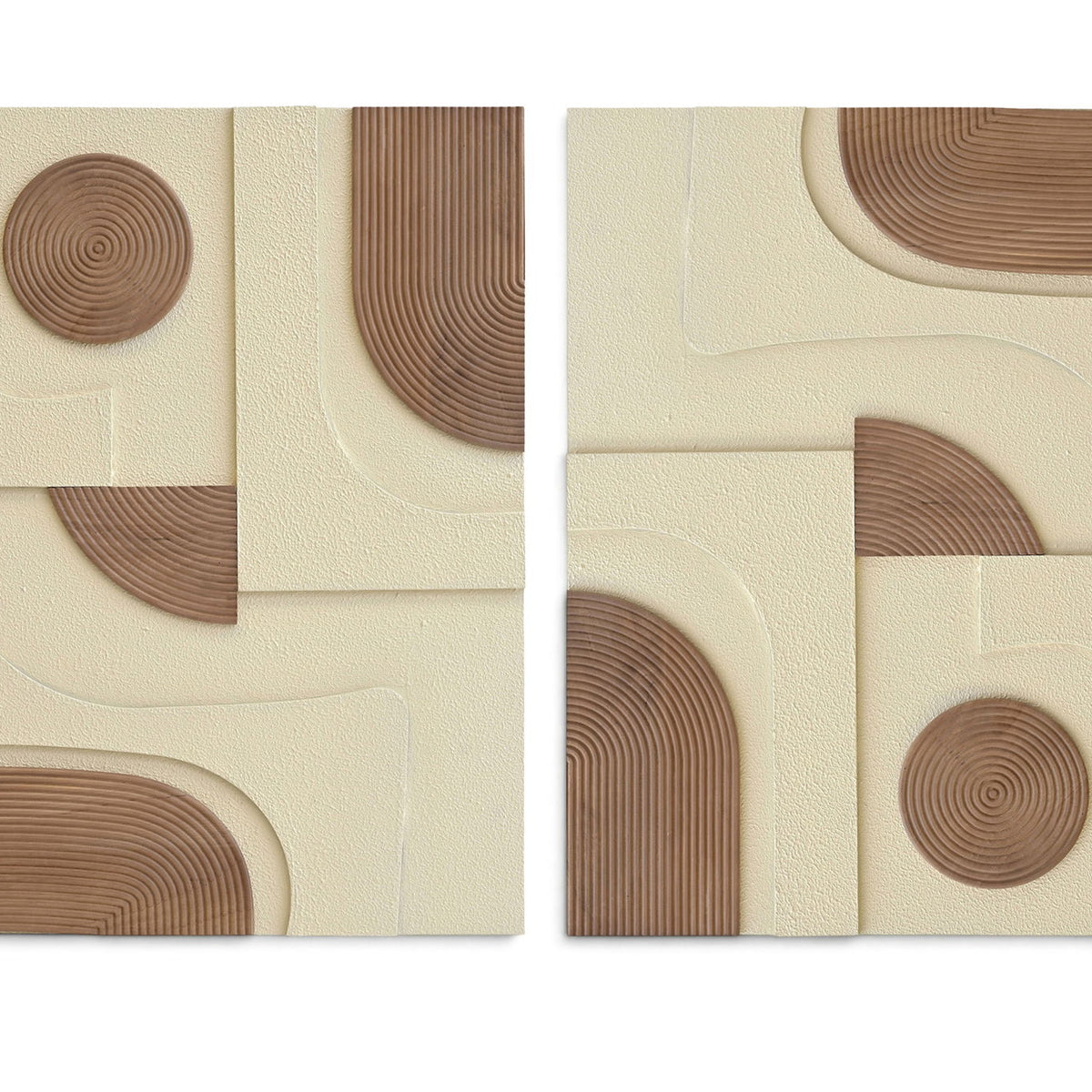 2-piece wall art set with geometric curved grooves and light brown circle accents on cream