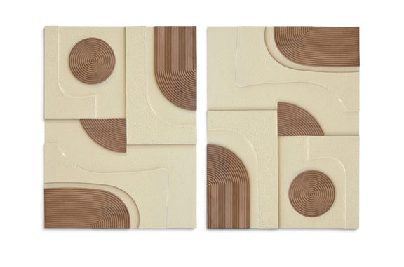 2-piece wall art set with geometric curved grooves and light brown circle accents on cream