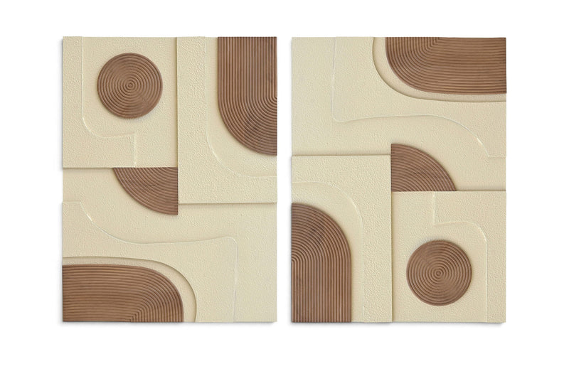 2-piece wall art set with geometric curved grooves and light brown circle accents on cream