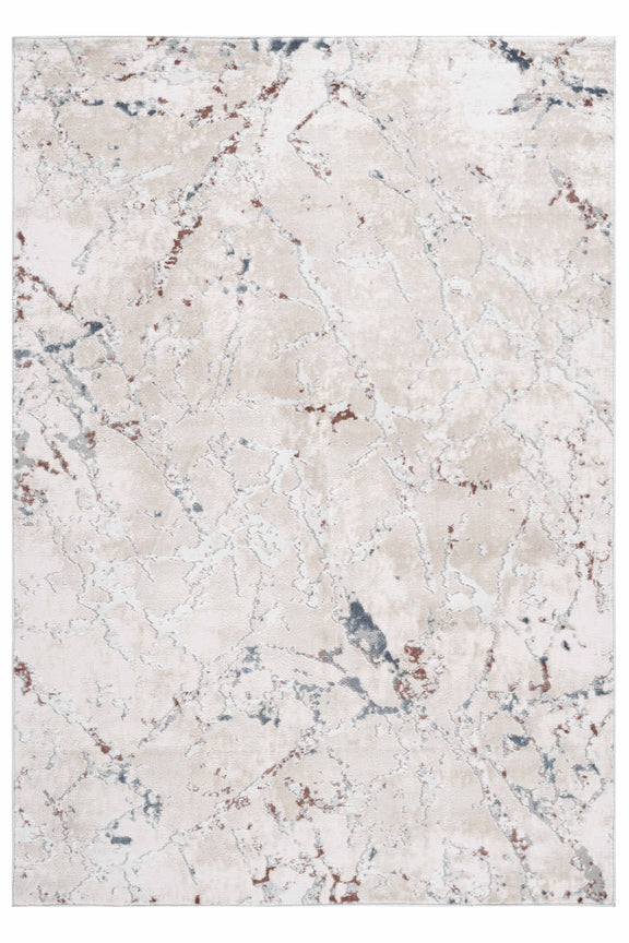 Light gray square area rug with distressed blue and beige abstract pattern, close-up