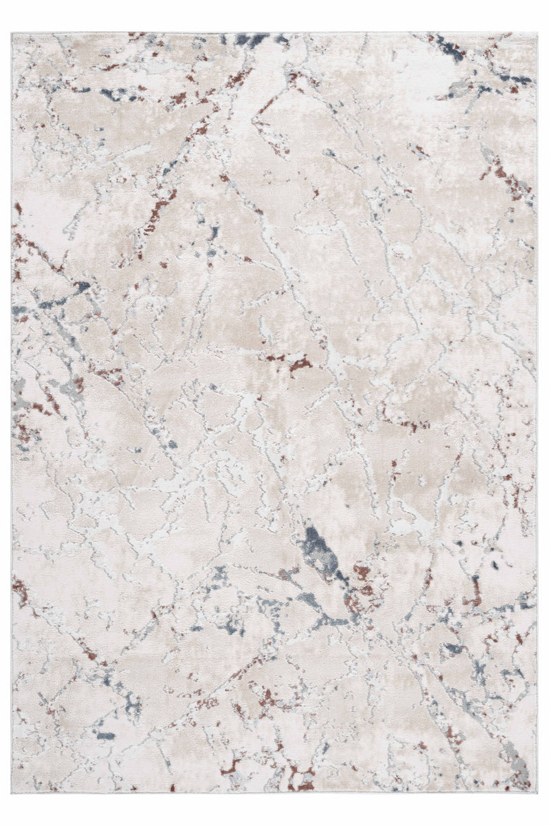 Light gray square area rug with distressed blue and beige abstract pattern, close-up