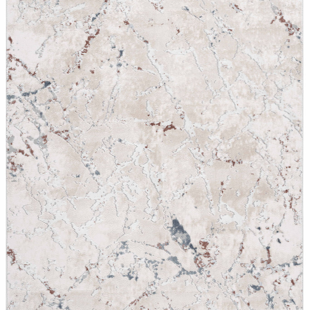 Contemporary area rug close-up with distressed abstract pattern in light tones and blue-gray