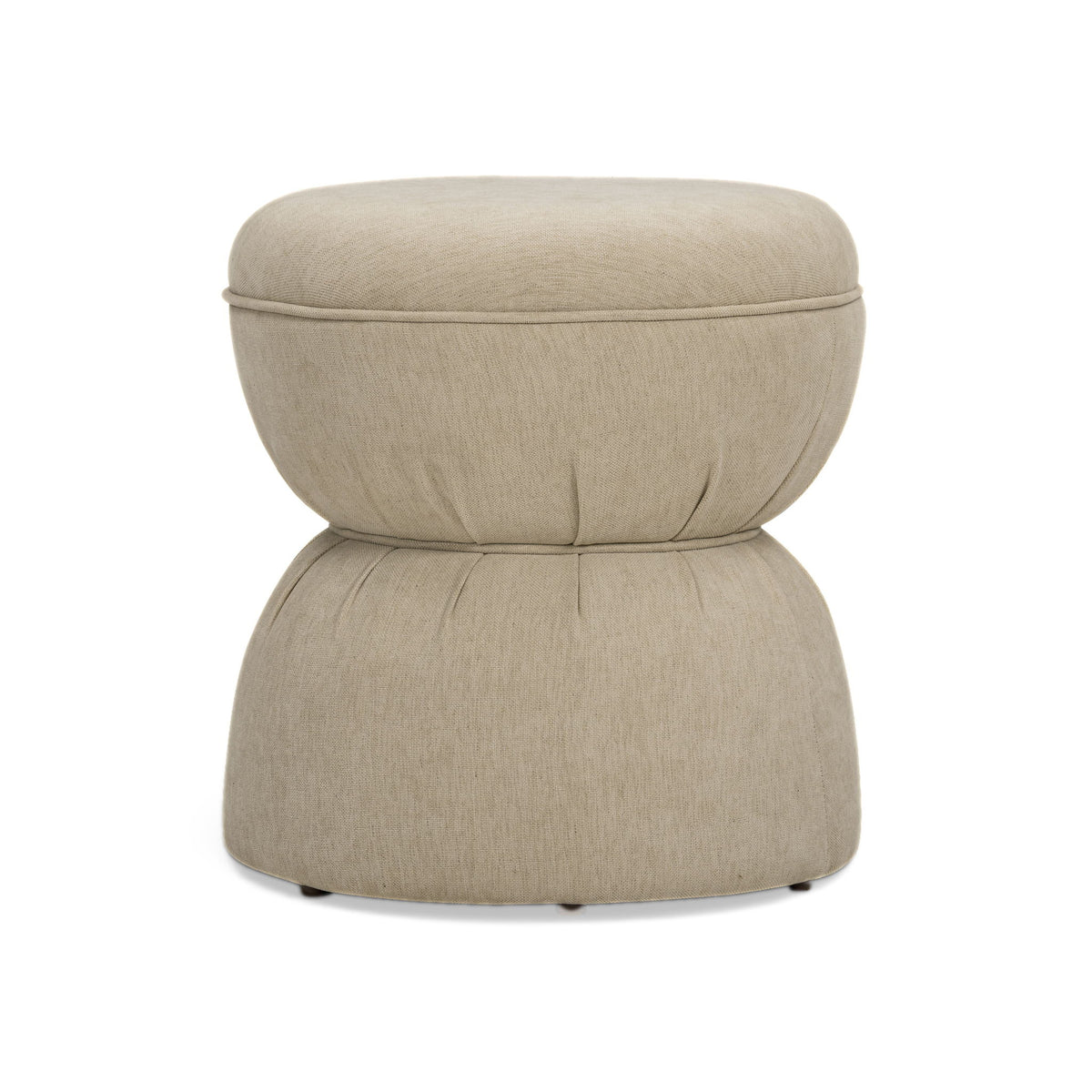 Tan ruched upholstered ottoman with round padded top and stacked base