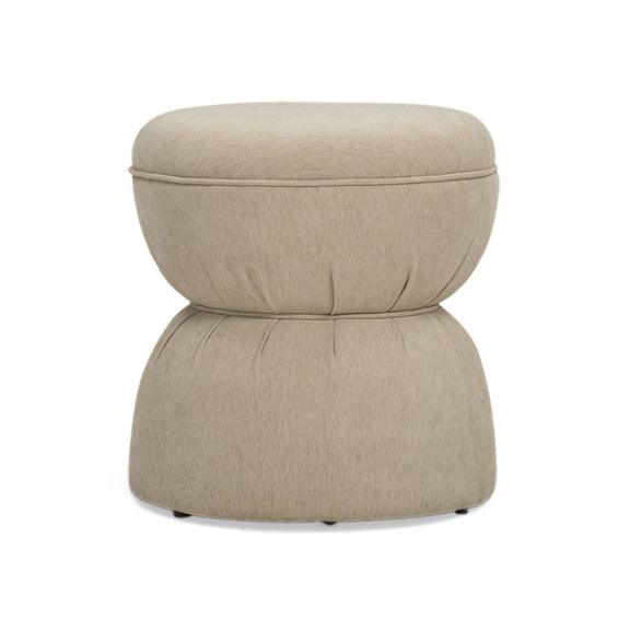 Tan ruched upholstered ottoman with round padded top and stacked base