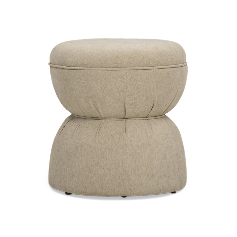 Tan ruched upholstered ottoman with round padded top and stacked base