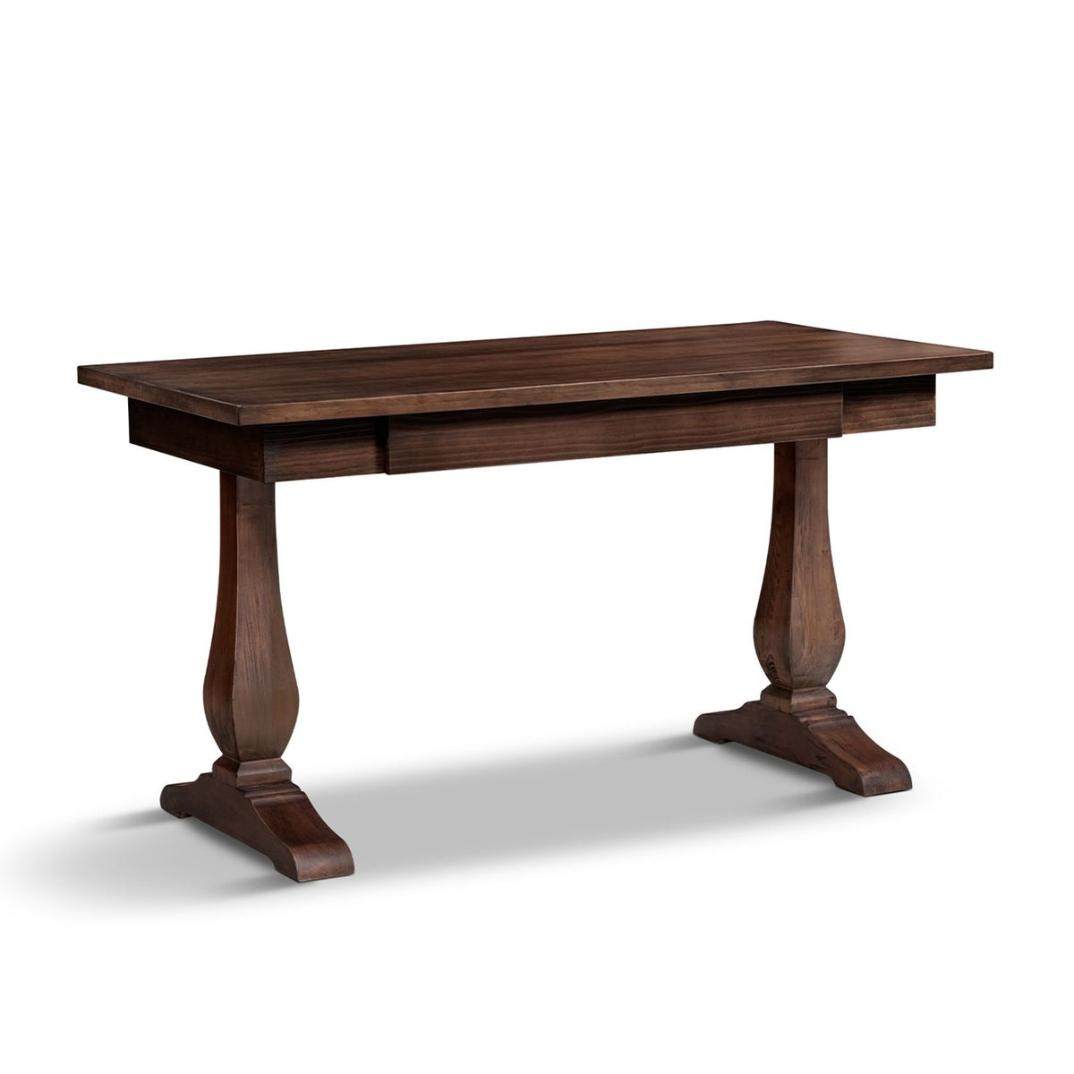 Brown writing desk with pedestal base and wide rectangular tabletop.