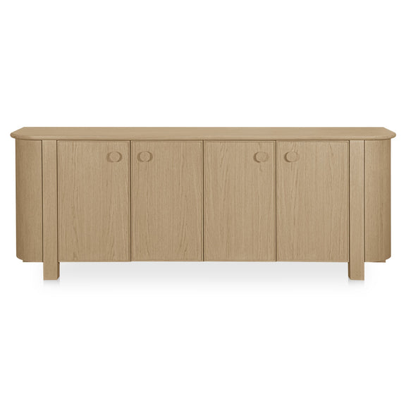 Natural wood sideboard with four doors and round knobs, tapered legs