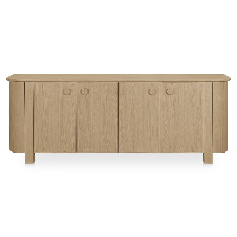 Natural wood sideboard with four doors and round knobs, tapered legs