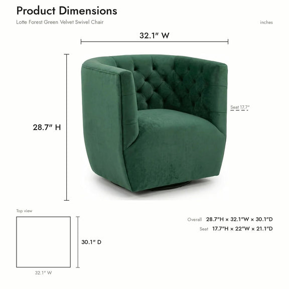 Dark green velvet swivel chair, 32.1 in W x 30.1 in D x 28.7 in H