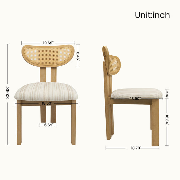 Striped upholstered dining chair with a woven rattan back and light wood frame, shown front and side with dimensions.