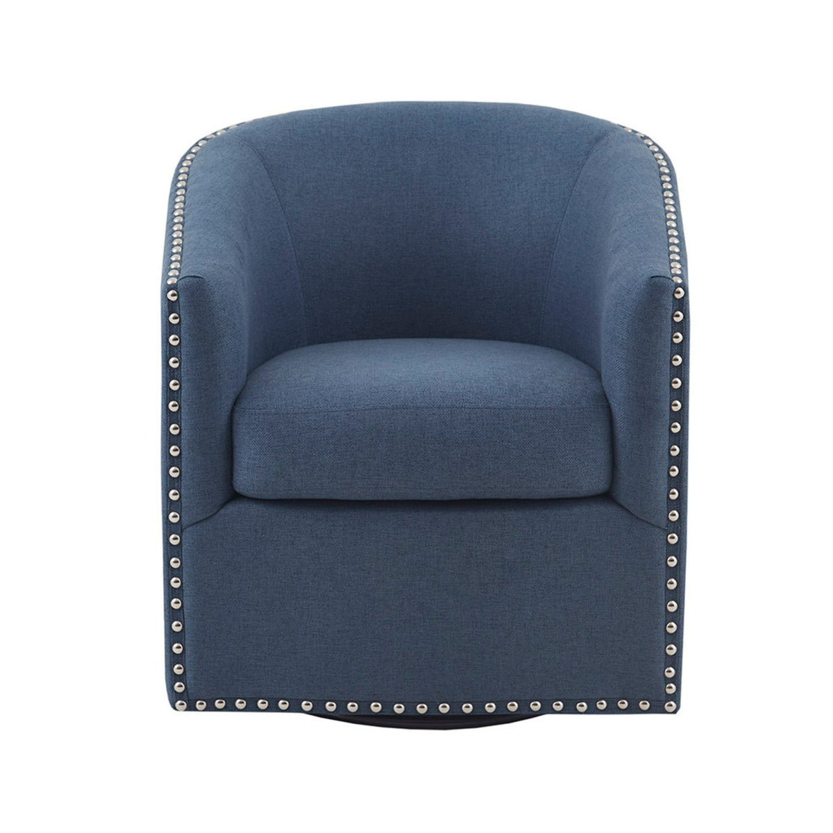 Blue upholstered accent chair with rolled arms and nailhead trim