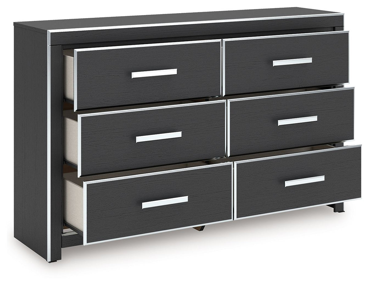 Six-drawer dresser with dark finish and white bar handles, open drawers visible