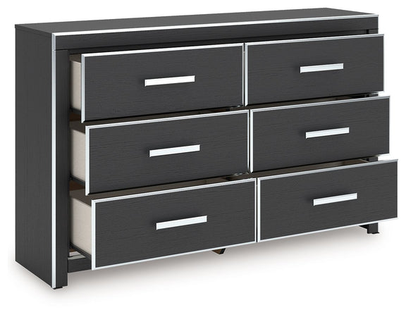 Six-drawer dresser with dark finish and white bar handles, open drawers visible