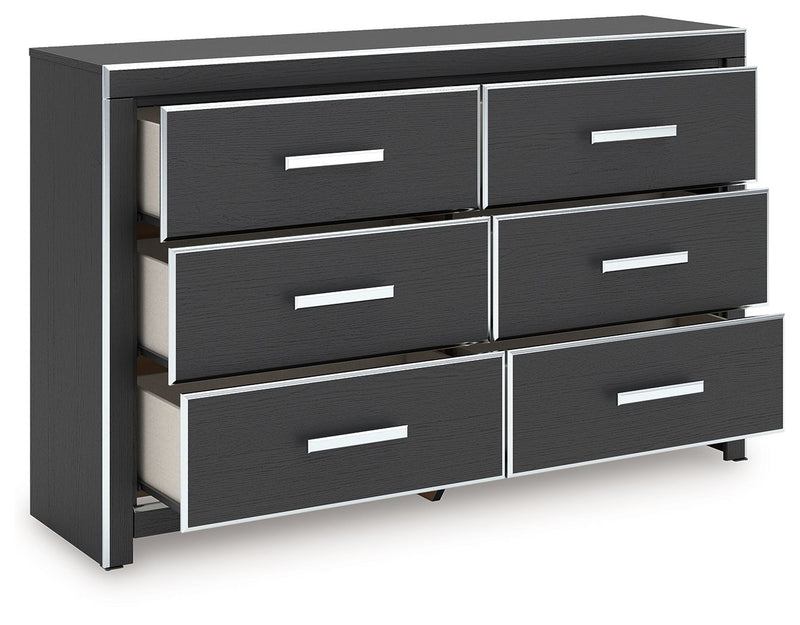 Six-drawer dresser with dark finish and white bar handles, open drawers visible